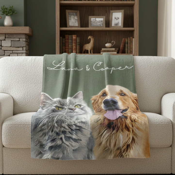 Custom Pet Photo Blanket With Names, Personalized Dog Cat Portrait Blanket, Pet Lover Gift, Fleece Pet Memorial Gift For Dog Cat Owner
