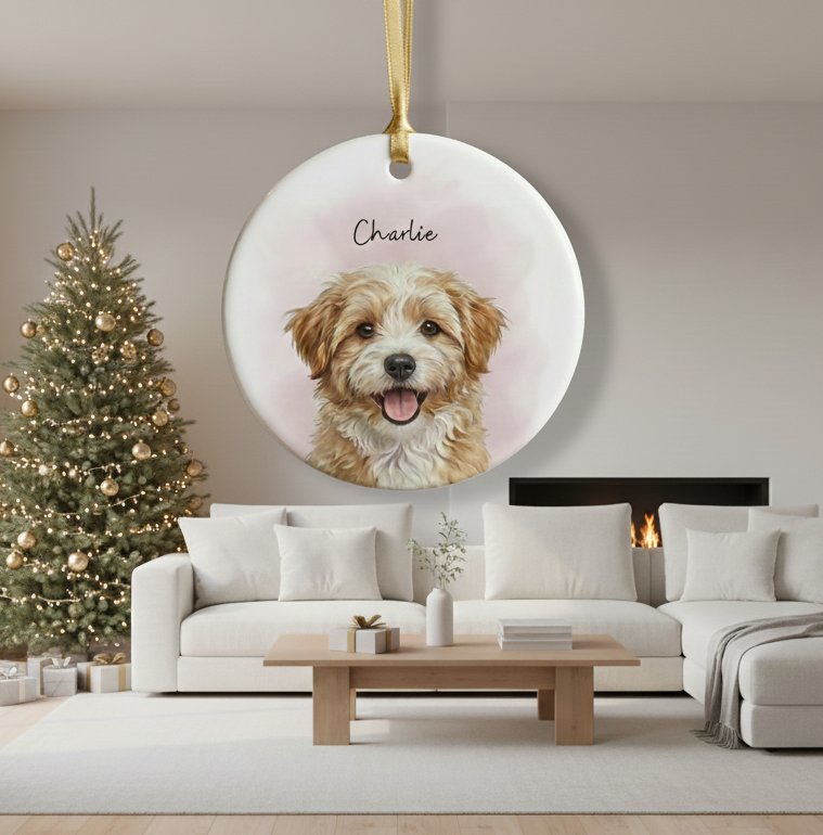 Custom Pet Portrait Christmas Ornament, Personalized Watercolor Style Dog Photo Gift Ceramic Memorial Keepsake for Dog Mom Xmas Ornaments