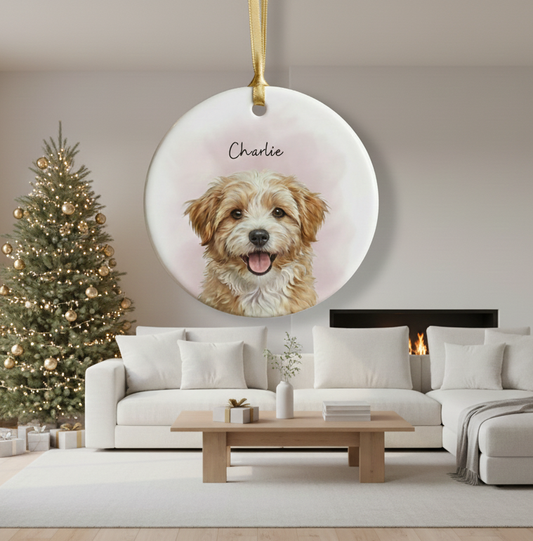 Custom Pet Portrait Christmas Ornament, Personalized Watercolor Style Dog Photo Gift Ceramic Memorial Keepsake for Dog Mom Xmas Ornaments
