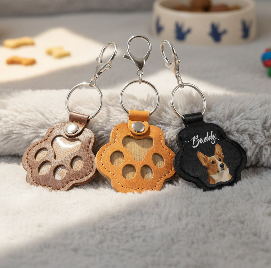 Personalized Pet Portrait Keychain, Fur Memorial, Paw Print Leather Pouch
