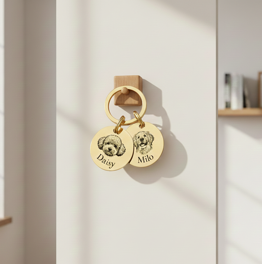 Personalized Dog and Cat Memorial Tag,Engraved Pet Portrait Keychain, Stainless Steel Custom Sketch Keyring, Christmas gift for Pet Owners