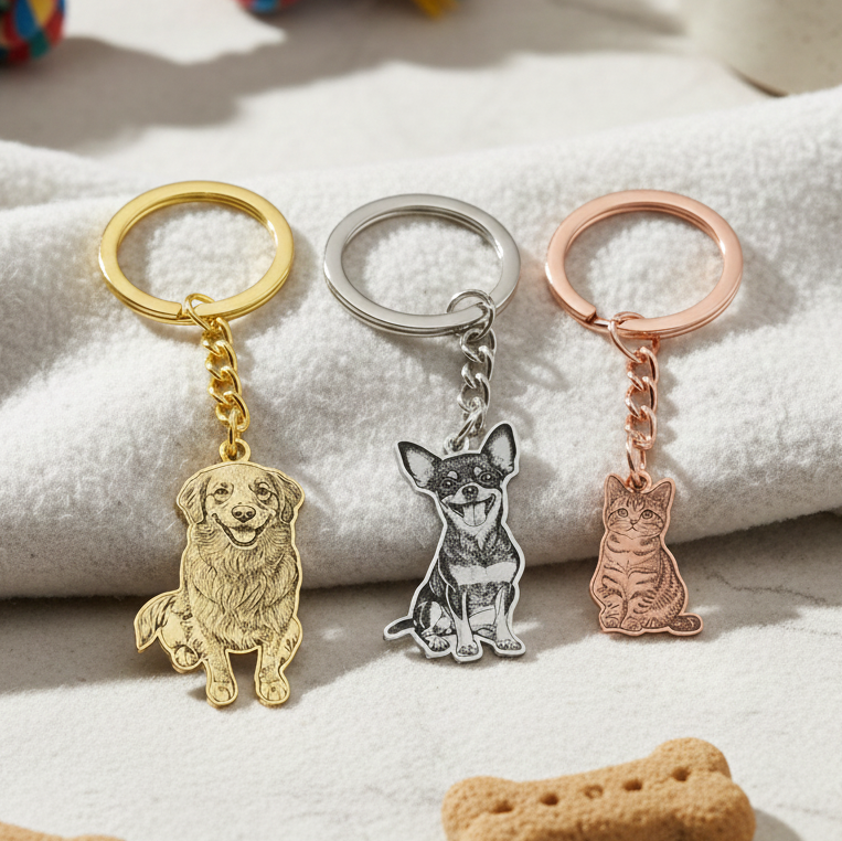 Custom Dog Photo Keychain, Cat Picture Keychains, Personalized Engraved Pet Portrait Key Chain, Key Ring for Pet Loss, Dog Memorial Gift