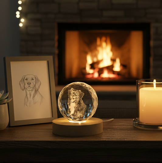 Personalised Round Crystal Engraved Pet Photo LED Light, Custom Round Crystal 2D Portrait Engraving, Pet Portrait in Crystal, Pet Loss Gift