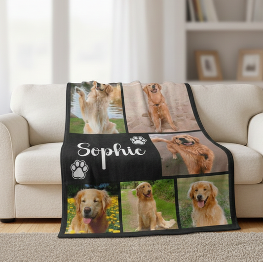 Dog Cat Picture Bedding Blanket With Text, Customized Name Photo Blanket Collage, Memorial Pet Face Loss Keepsake Gift - (BLANKET-1 DOG)