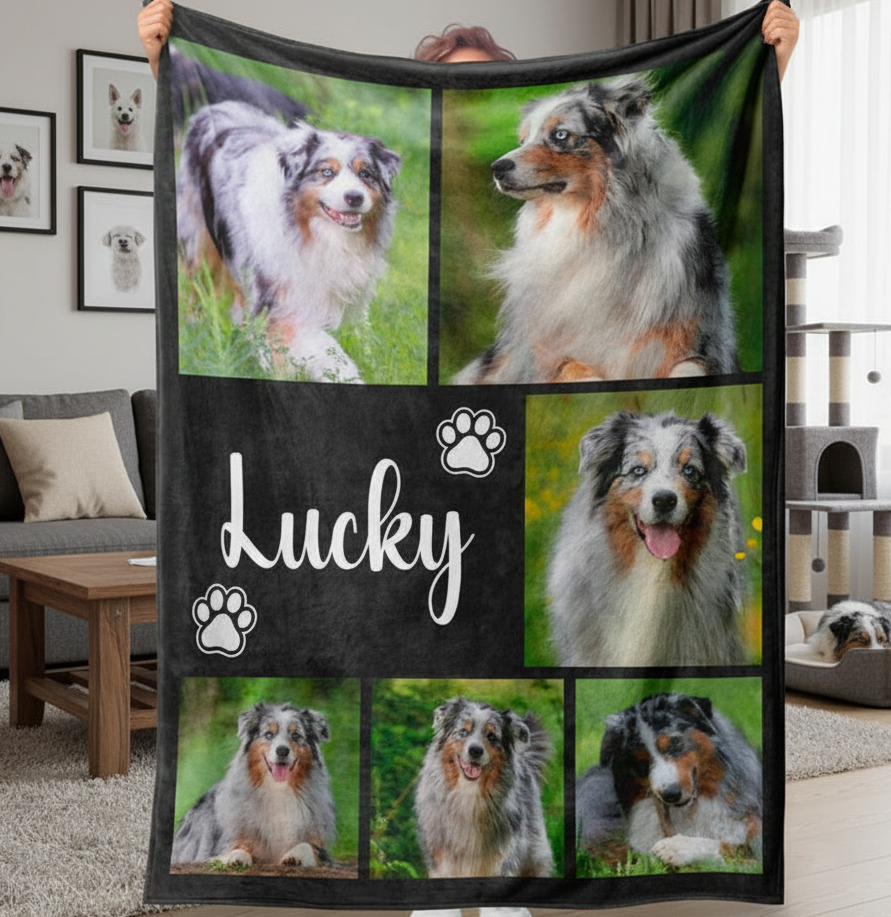 Custom Pet Photo Blanket, Personalized Dog Picture Throw, Pet Memorial Gift With Name, Dog Lover Keepsake Gift, Cat Photo Collage Blanket
