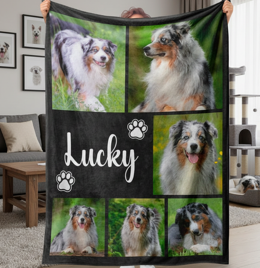 Custom Pet Photo Blanket, Personalized Dog Picture Throw, Pet Memorial Gift With Name, Dog Lover Keepsake Gift, Cat Photo Collage Blanket
