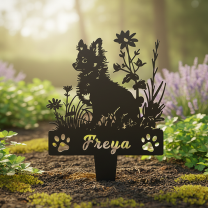 Personalized Chihuahua Memorial Garden Stake, Floral Metal Dog Sign