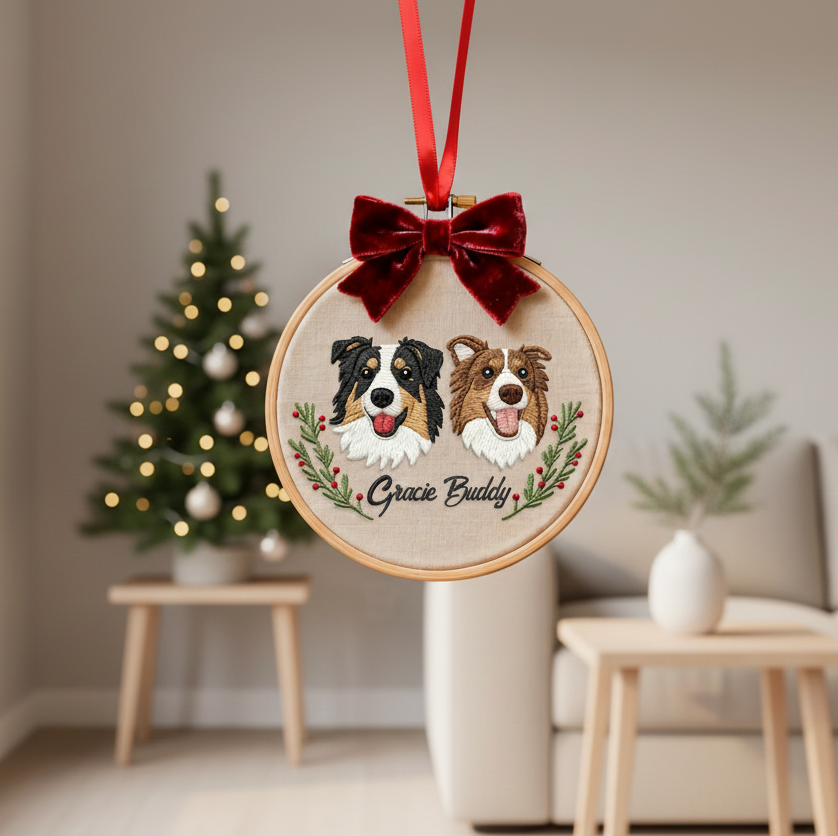 Personalized Dog Photo Embroidery Ornament, Custom Pet Portrait Gift