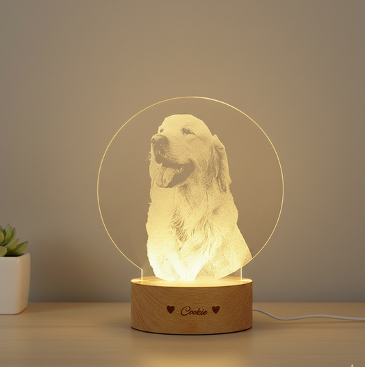 Custom 3D Pet Photo LED Lamp, Engraved Wood Base, Pet Memorial Gift
