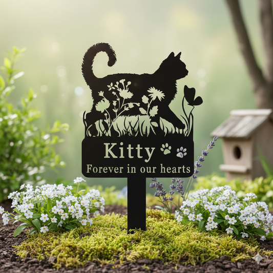 Custom Cat Memorial Stake,Cat Grave Marker,Metal Cat Garden Stake with Flowers,Personalized Cat Loss Gift,Cat Garden Decor,Cat Yard Stake