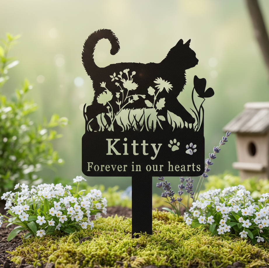 Custom Cat Memorial Stake,Cat Grave Marker,Metal Cat Garden Stake with Flowers,Personalized Cat Loss Gift,Cat Garden Decor,Cat Yard Stake