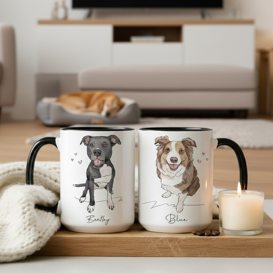 Custom Pet Portrait Mug, Personalized Watercolor Dog Cat Coffee Mug, Dog Mom Mug, Pet Lover Gift