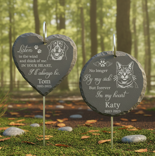 Laser Engraved Pet Memorial Stone – Custom Garden Hanging Plaque with Stake, Personalized Outdoor Dog or Cat Loss Gift, Pet Tribute Keepsake