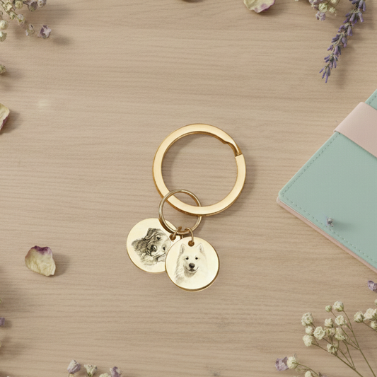 Personalized Dog and Cat Memorial Tag,Engraved Pet Portrait Keychain, Stainless Steel Custom Sketch Keyring, Christmas gift for Pet Owners