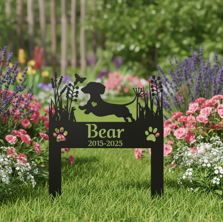 Custom Dachshund Dog Memorial Garden Stake, Personalized Pet Grave Marker, Outdoor Tribute for Sausage Dog Lovers, Metal Garden Decor