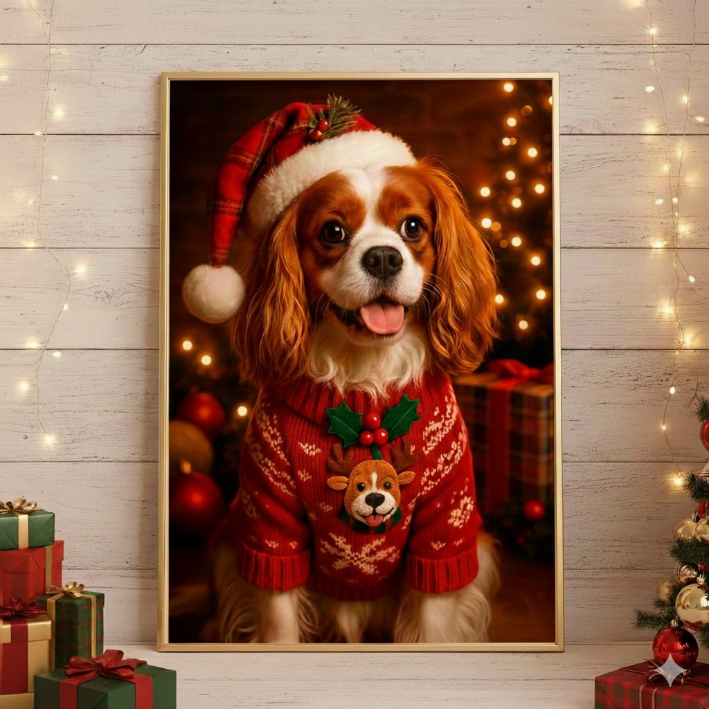 Christmas Pet Portrait from Photo – Custom Pet Portrait Digital Art, Personalized Holiday Pet Gift, Festive Wall Decor