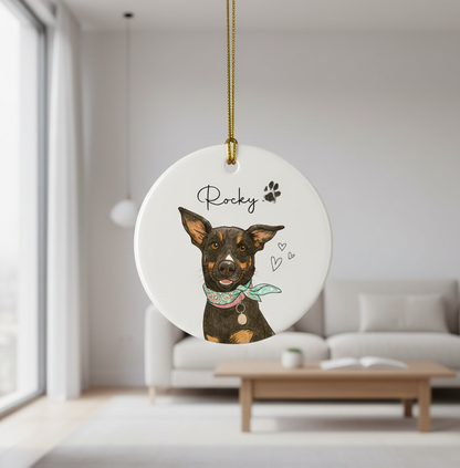 Custom Pet Portrait Ornament, Personalized Dog & Cat Christmas Ornament, Pet Memorial Gift, Ceramic Holiday Keepsake, Pet Name Ornament