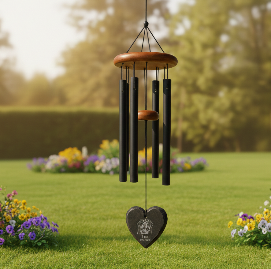 Custom Engraved Pet Memorial Wind Chime with Photo, Personalized Dog or Cat Loss Gift, Heart or Round Stone Sail Tribute Keepsake for Owners