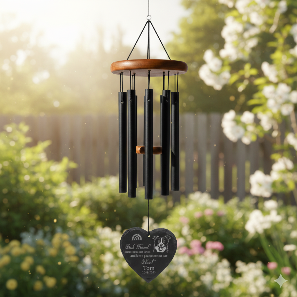 Custom Pet Memorial Wind Chime with Engraved Photo & Name – Personalized Dog or Cat Loss Gift – Heart or Round Stone Sail Keepsake