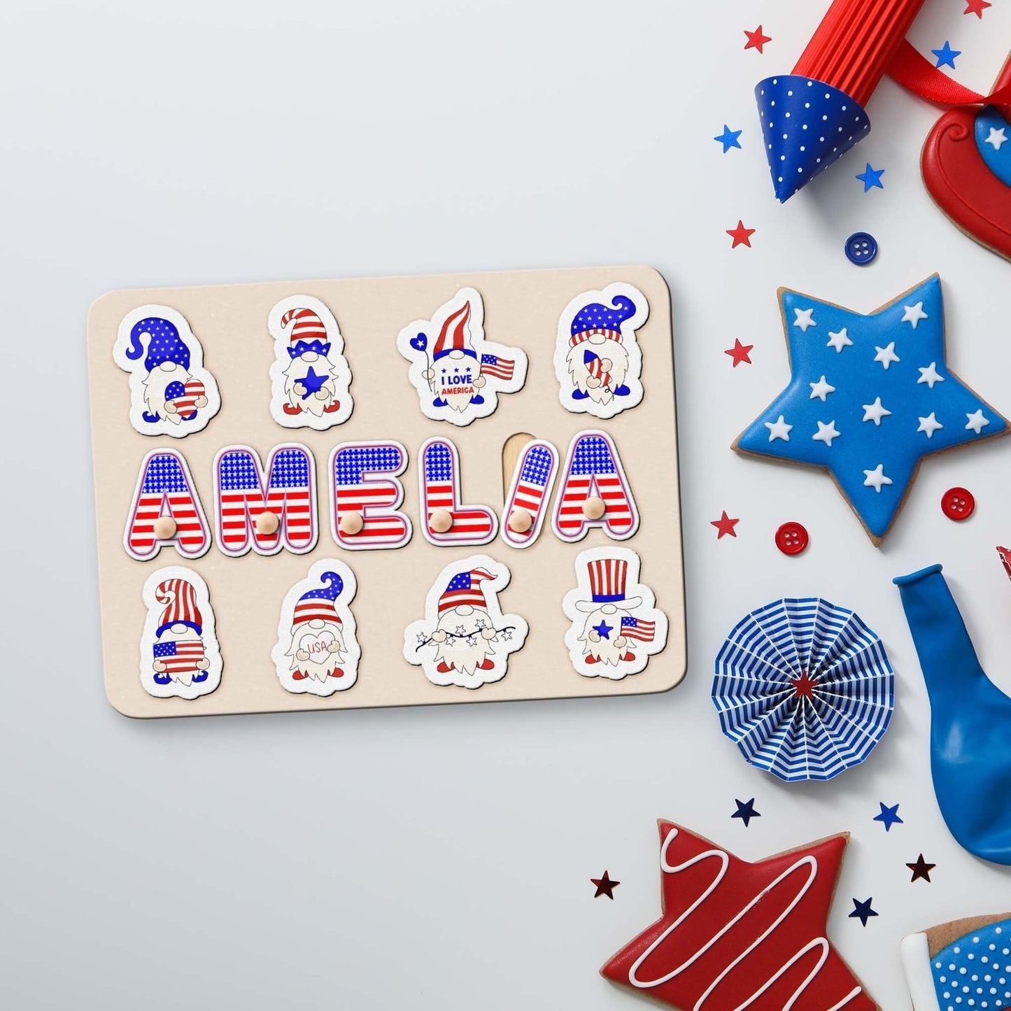 Lover USA Name puzzle, Gnome Baby 4th of July Name Puzzle with Pegs