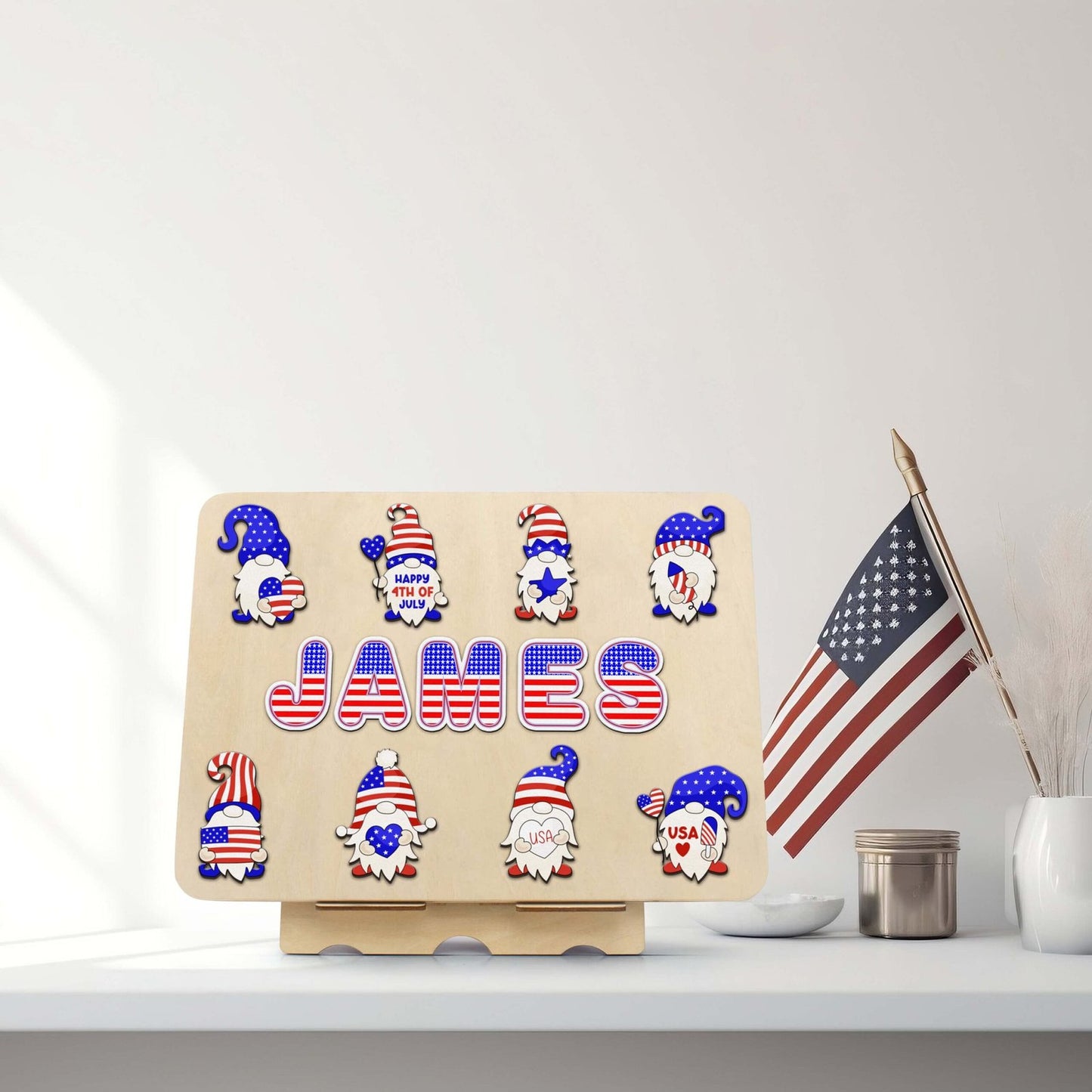 Lover USA Name puzzle, Gnome Baby 4th of July Name Puzzle with Pegs
