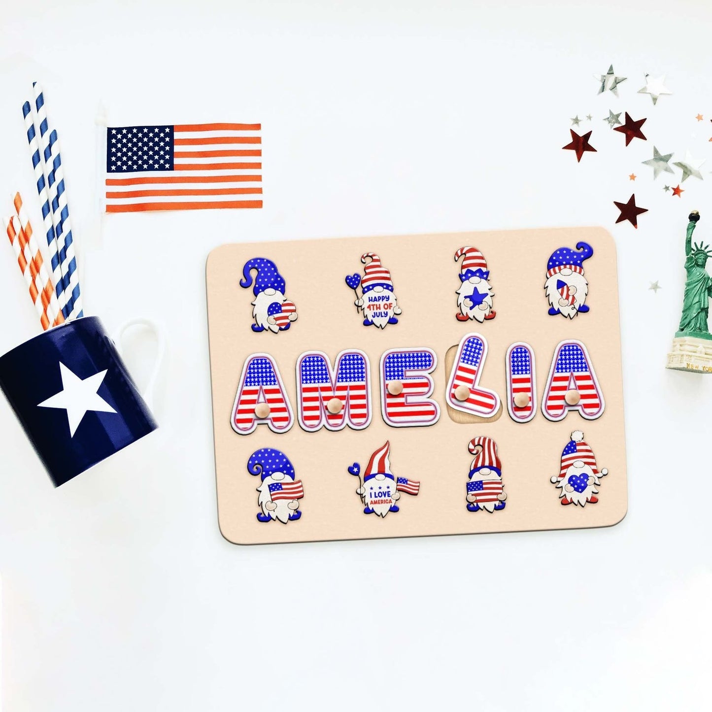 Lover USA Name puzzle, Gnome Baby 4th of July Name Puzzle with Pegs