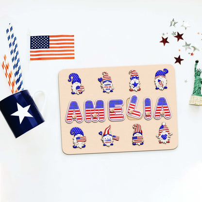 Lover USA Name puzzle, Gnome Baby 4th of July Name Puzzle with Pegs