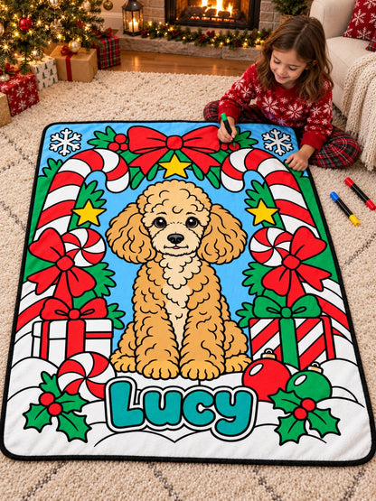 Personalized Christmas coloring blanket with Lucy the dog
