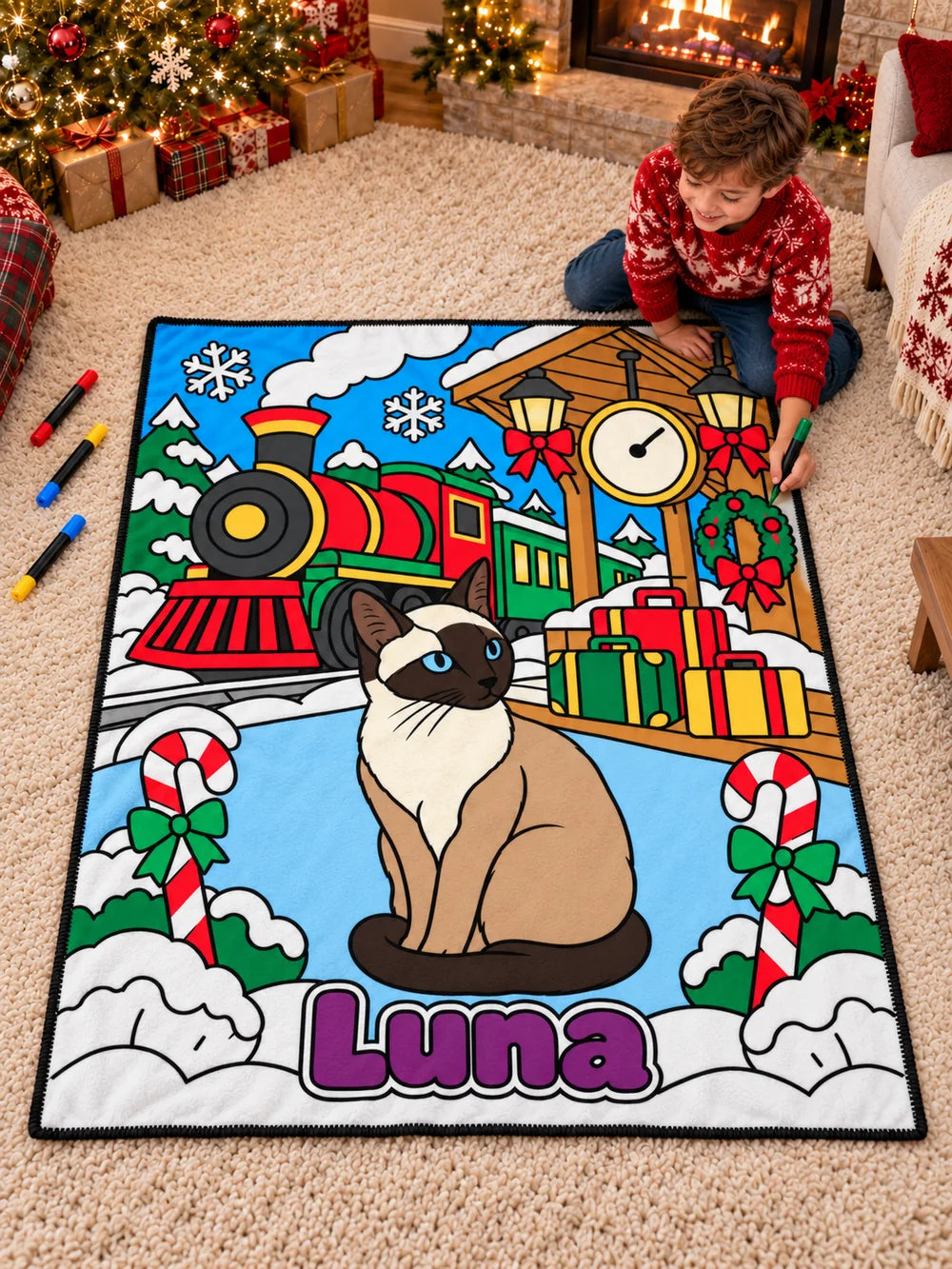 Personalized Christmas coloring blanket with Luna the cat
