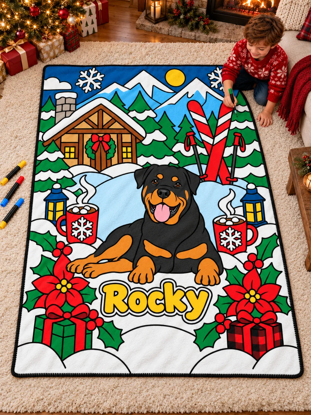 Personalized Christmas coloring blanket with Rocky the Rottweiler