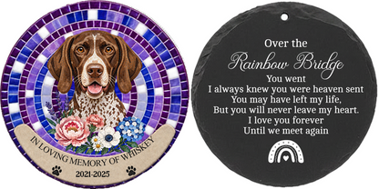 Custom Pet Mosaic example — WHISKEY, purple background, front artwork and reverse quote
