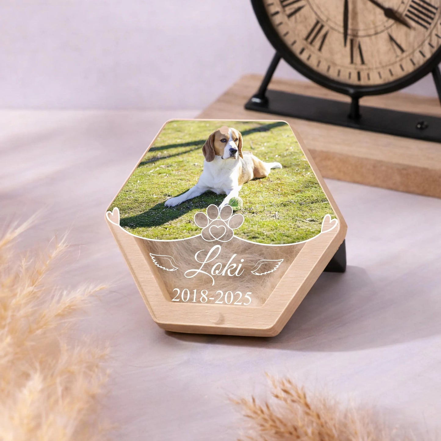 Custom Pet Memorial Photo Box – Personalized Fur Keepsake, Dog Loss Gift with Picture, Name & Fur Holder