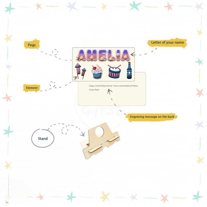 Lover USA Name puzzle, Gnome Baby 4th of July Name Puzzle with Pegs