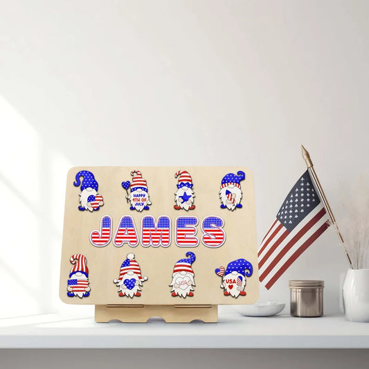 Lover USA Name puzzle, Gnome Baby 4th of July Name Puzzle with Pegs