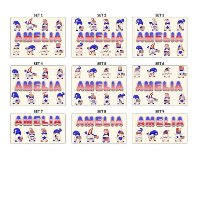 Lover USA Name puzzle, Gnome Baby 4th of July Name Puzzle with Pegs