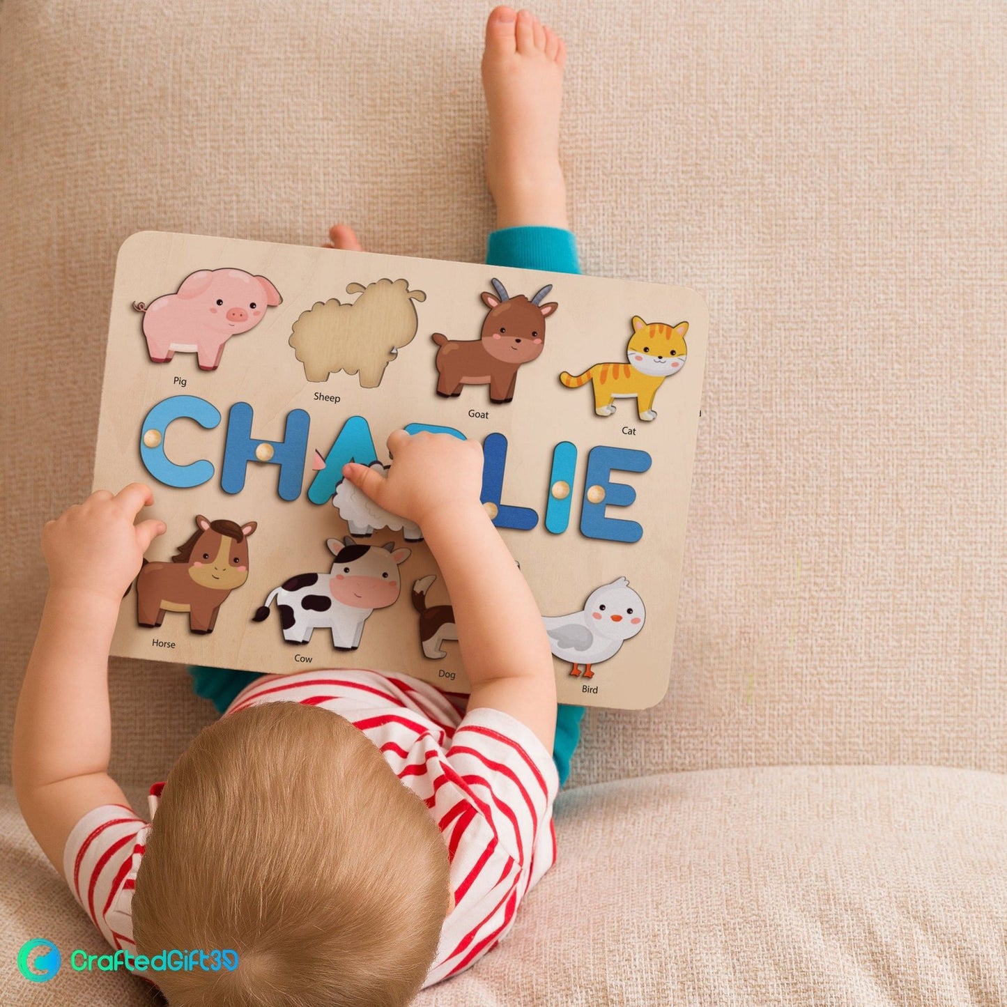 Farm animal name puzzle with pegs