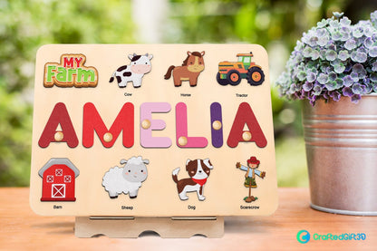 Farm animal name puzzle with pegs
