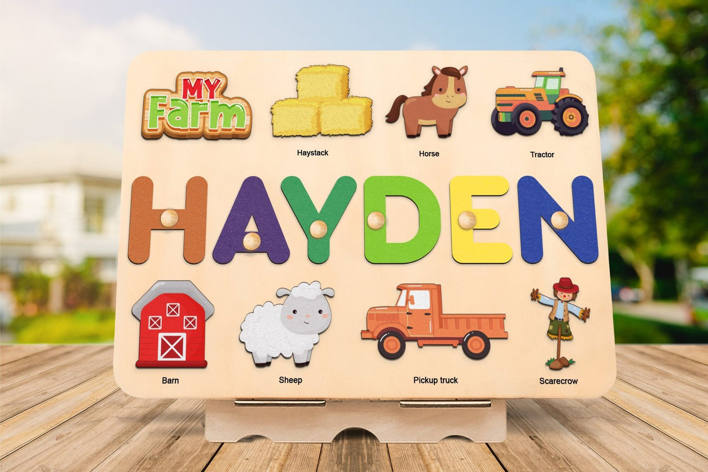 Farm animal name puzzle with pegs