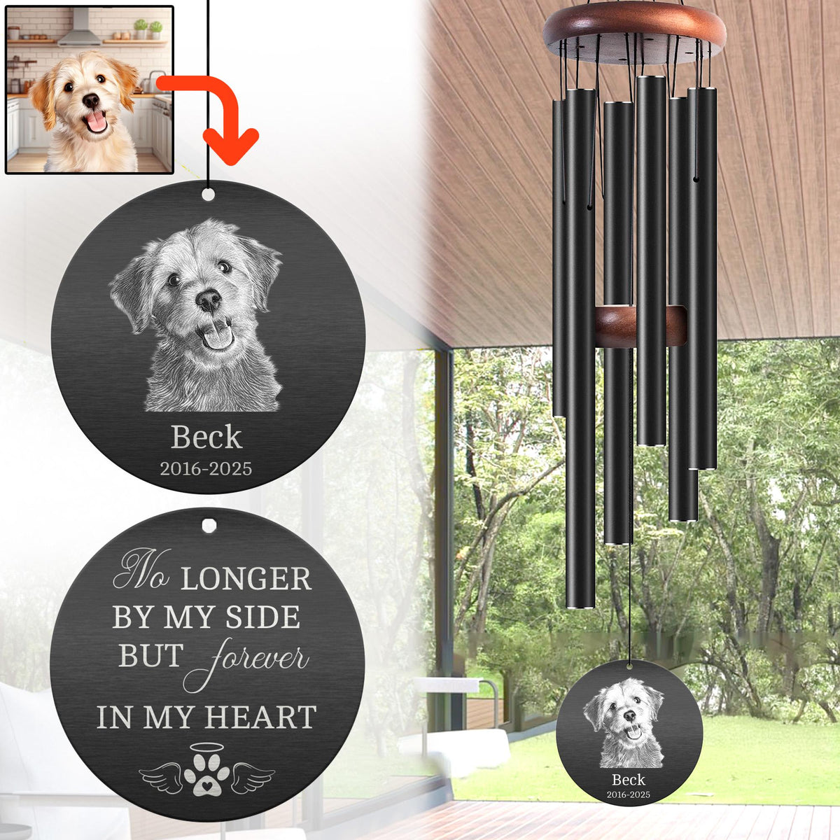 Custom Pet Memorial Wind Chime, Sketch Pet Loss Gift, Outdoor Dog Cat Remembrance Sign for Garden Decor, Sympathy Keepsake, Thoughtful Tribute - image 1