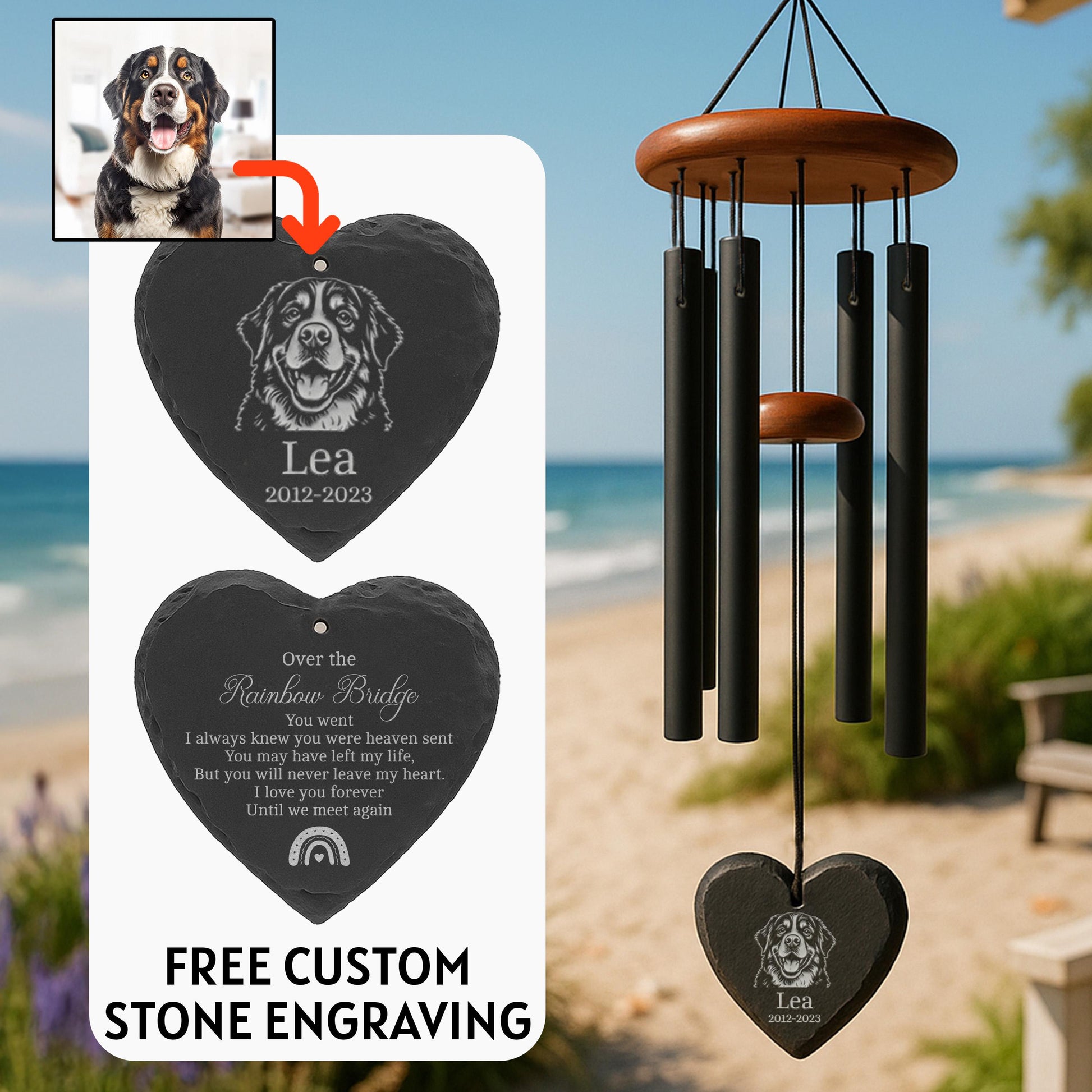 Custom Engraved Pet Memorial Wind Chime with Photo, Personalized Dog or Cat Loss Gift, Heart or Round Stone Sail Tribute Keepsake for Owners - image 1