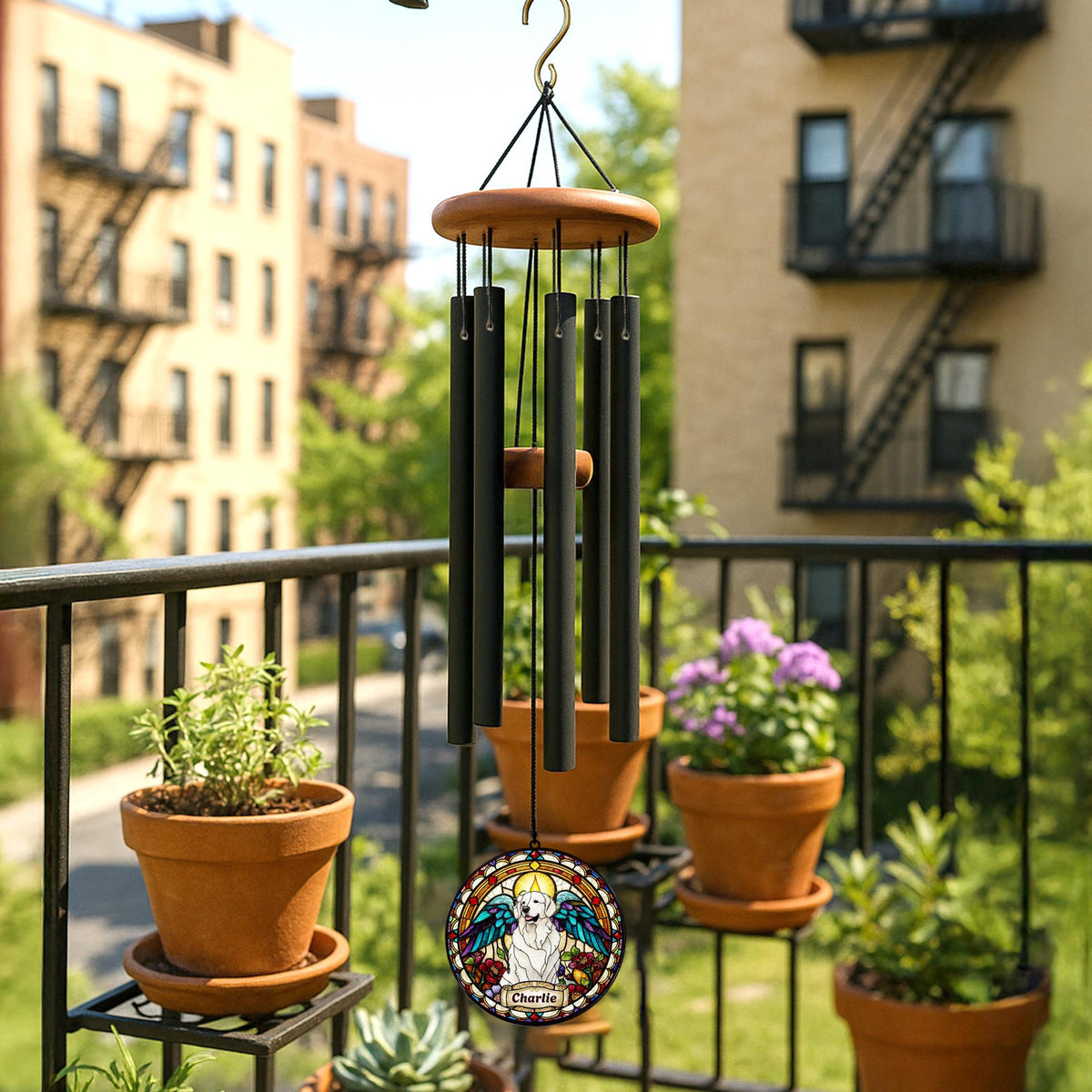 Personalized Dog Portrait Wind Chime, Custom Pet Memorial Stained Glass Photo Suncatcher, Dog Loss Keepsake, Pet Loss Gift - gallery image 8