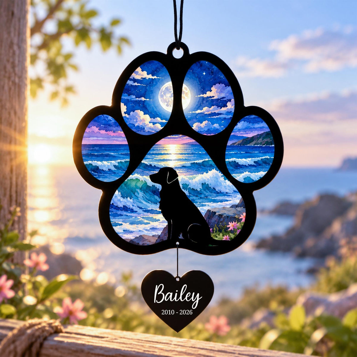 Golden Retriever Suncatcher, Custom Sunset Pet Memorial Ornament, Personalized Golden Silhouette, Ra