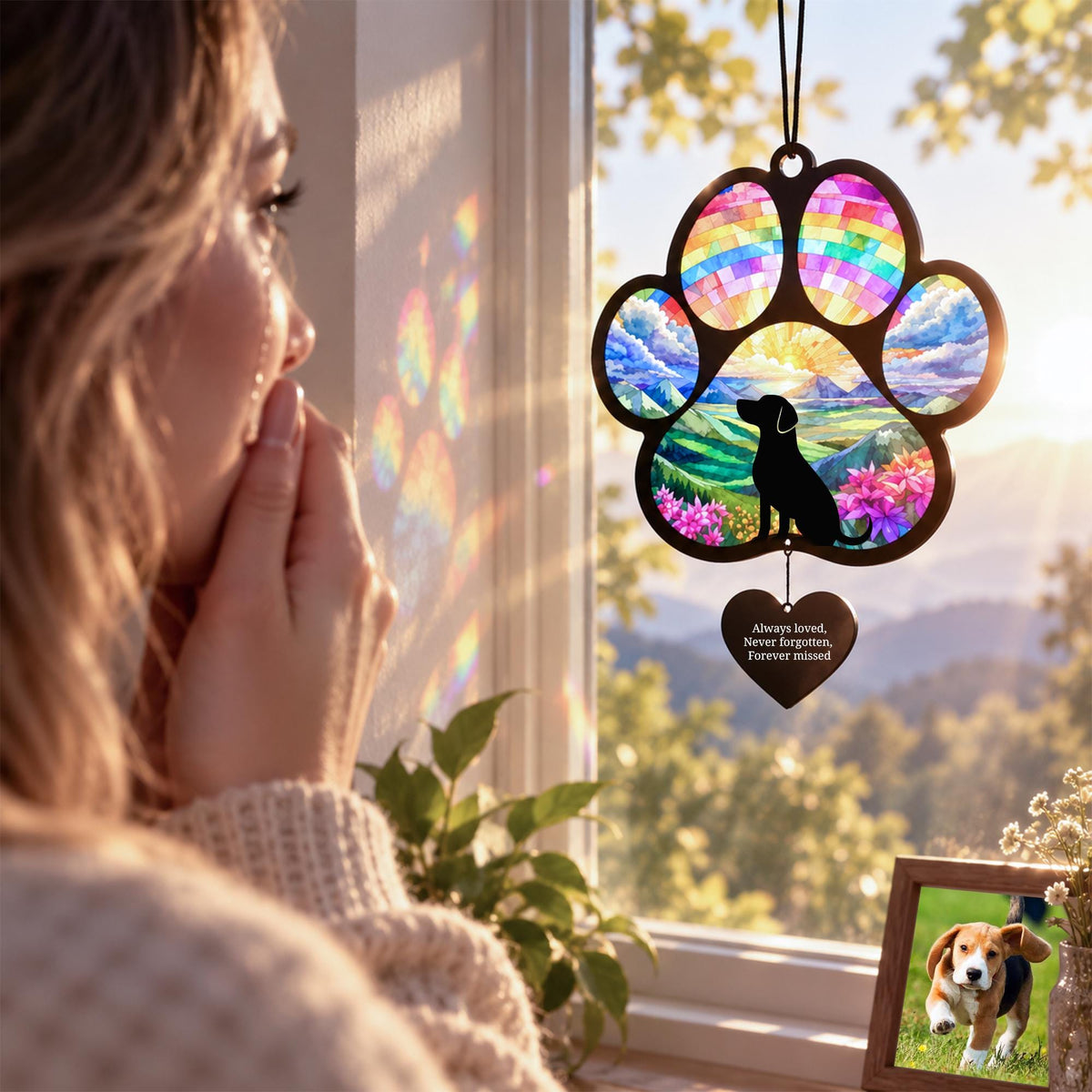 Beagle Memorial Suncatcher, Custom Sunset Pet Sympathy Ornament, Personalized Beagle Silhouette, Rai