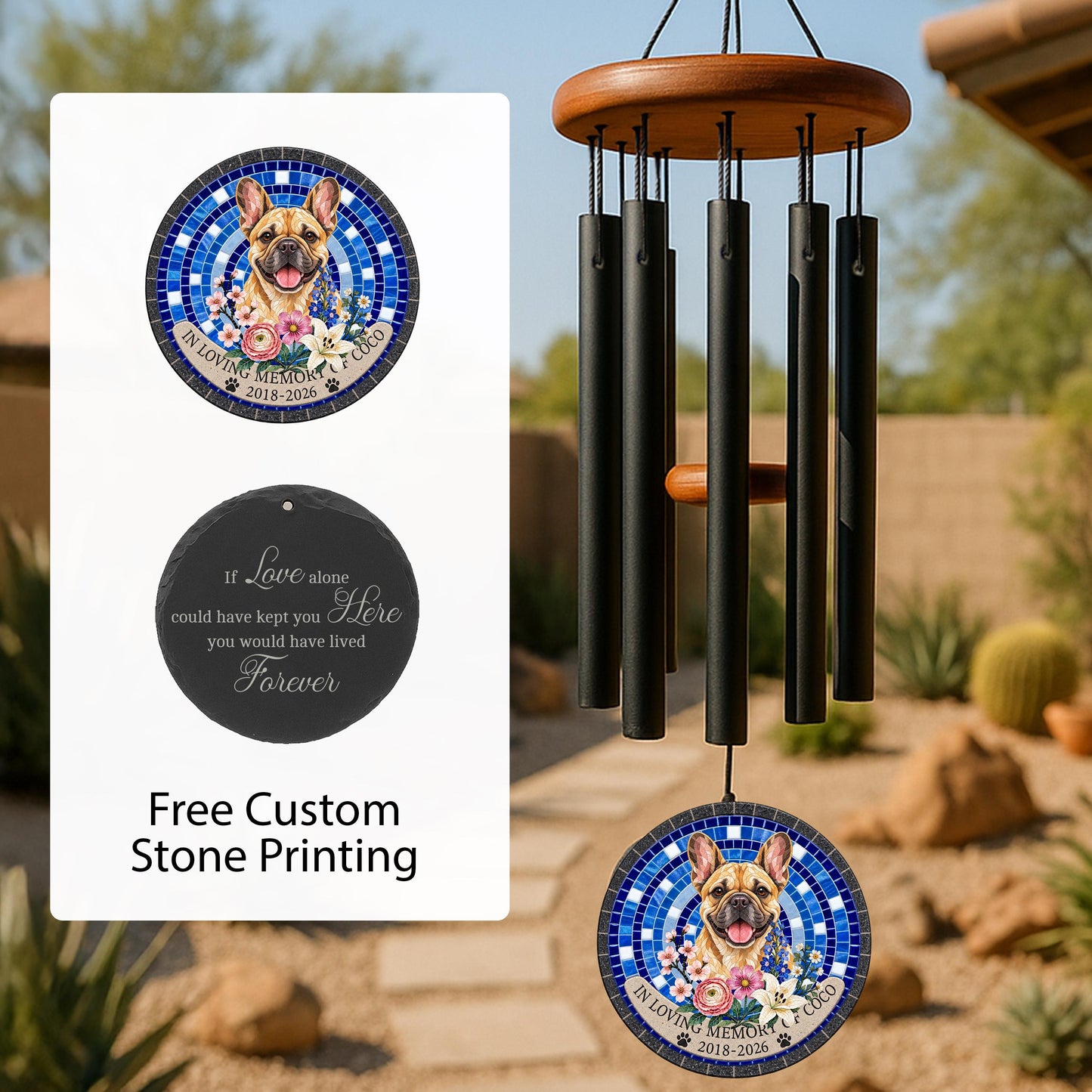 French Bulldog Memorial Wind Chime, Personalized Cobalt Blue Mosaic, Dog Bereavement Present, Pet Tribute - image 1