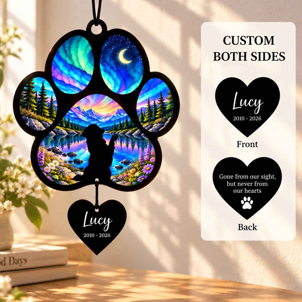 Golden Retriever Suncatcher, Custom Sunset Pet Memorial Ornament, Personalized Golden Silhouette, Ra