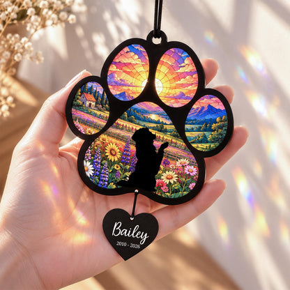 Golden Retriever Suncatcher, Custom Sunset Pet Memorial Ornament, Personalized Golden Silhouette, Ra