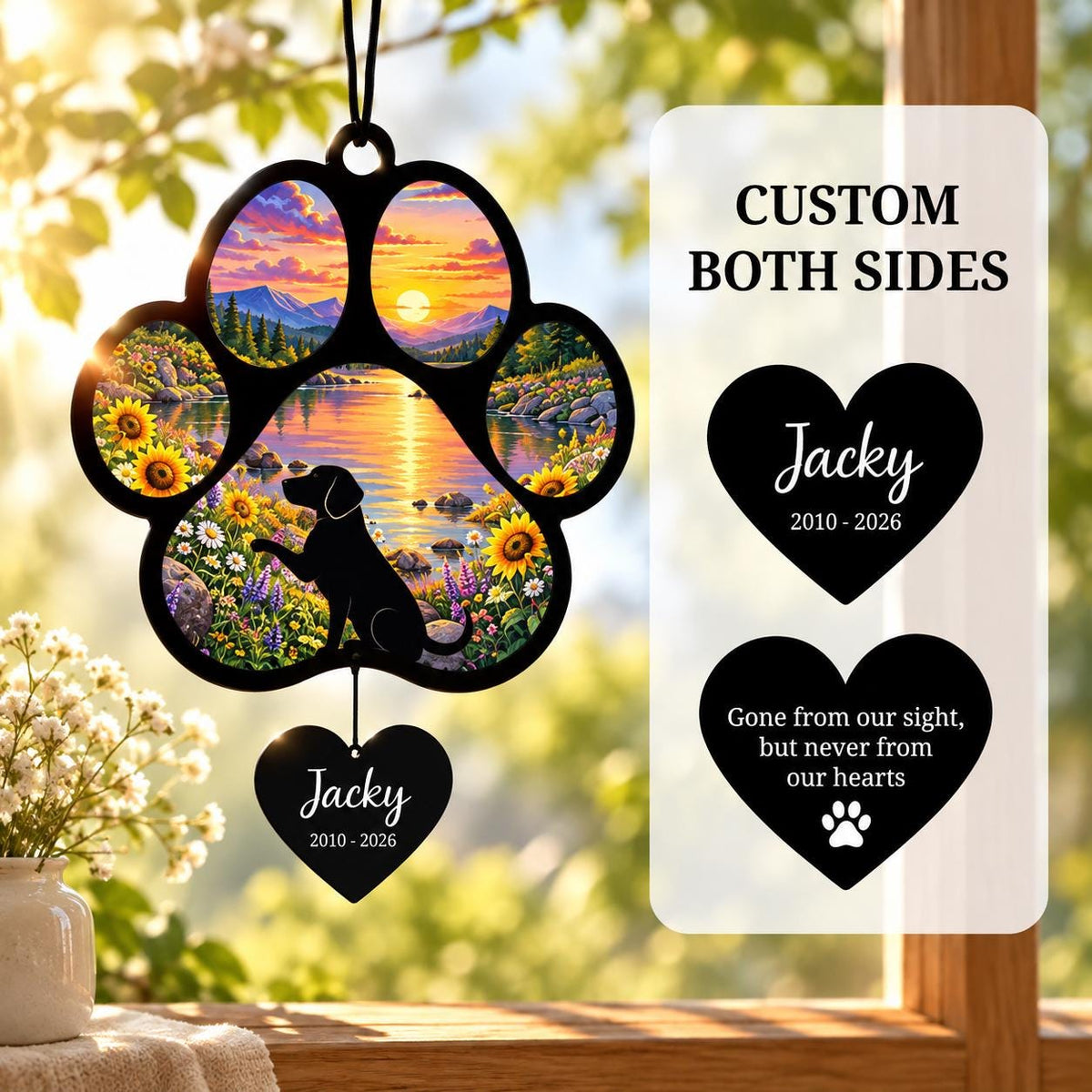 Beagle Memorial Suncatcher, Custom Sunset Pet Sympathy Ornament, Personalized Beagle Silhouette, Rai