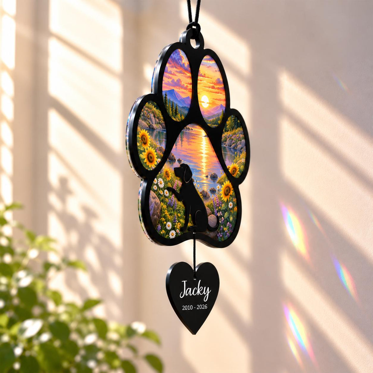 Beagle Memorial Suncatcher, Custom Sunset Pet Sympathy Ornament, Personalized Beagle Silhouette, Rai