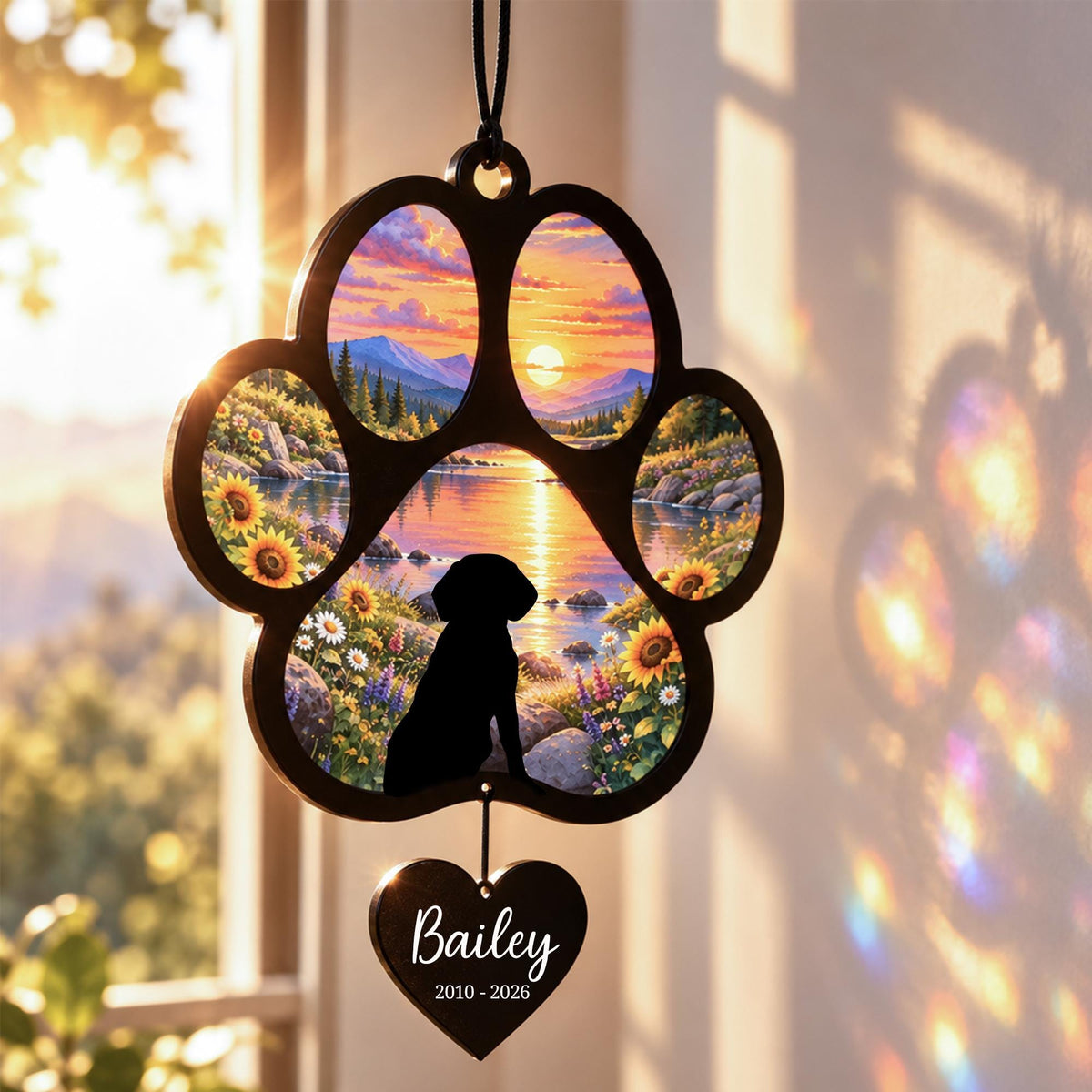 Beagle Memorial Suncatcher, Custom Sunset Pet Sympathy Ornament, Personalized Beagle Silhouette, Rai