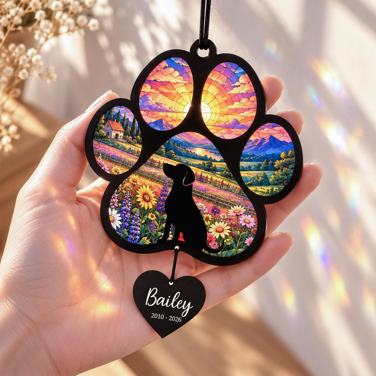 Beagle Memorial Suncatcher, Custom Sunset Pet Sympathy Ornament, Personalized Beagle Silhouette, Rai